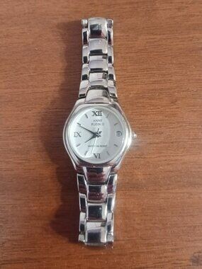 Vintage Ladies ANNE KLEIN II 10/3885 Silver Tone Watch with Day Display-WORKS!